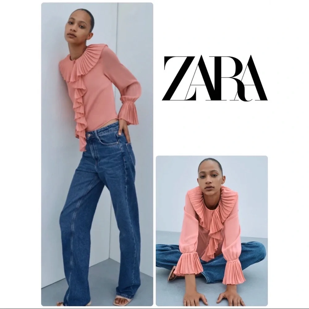 Zara XSmall Pleated Ruffle Blouse, Mid-Pink - Picture 8 of 8